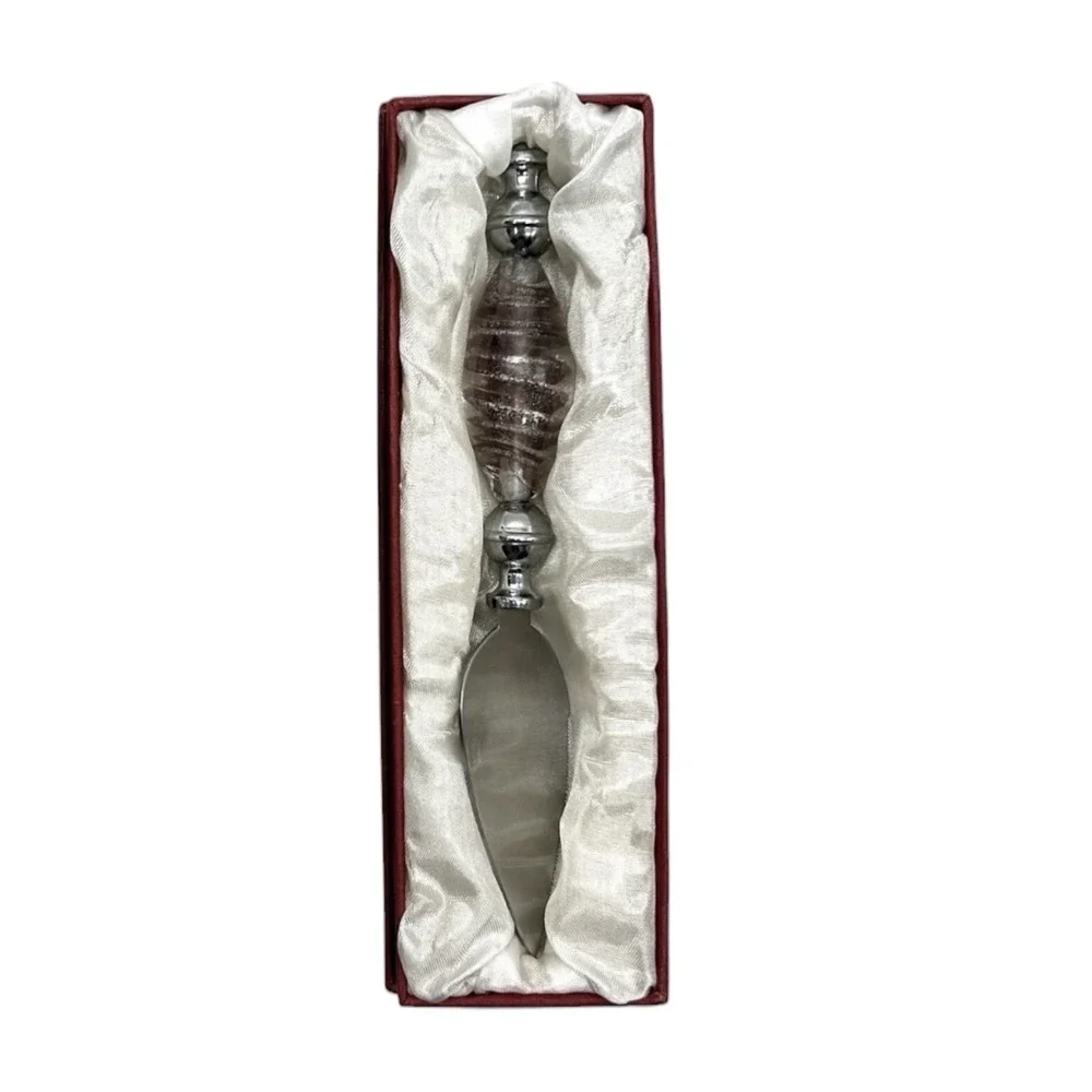 Cheese Server Knife - Stainless Steel Blade Pink Swirl Glass Handle w/ Box